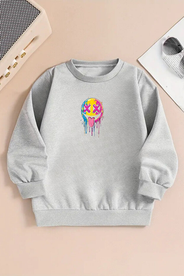 Unisex Colorful Face Printed Gray Crew Neck Sweatshirt-Winter Embossed Fabric