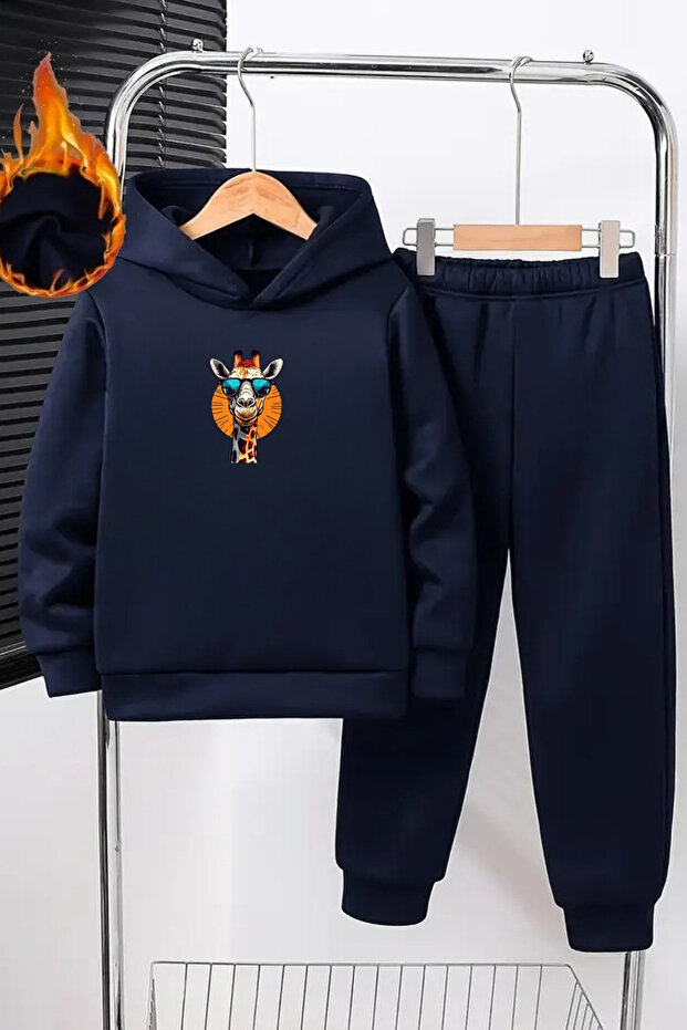 Kids Hooded Tracksuit Set – Navy Blue Giraffe Printed Sweat & Jogger