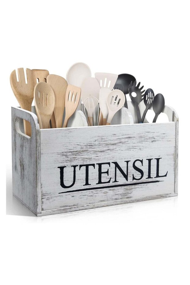 Rustic Wooden Utensil Holder with 3 Compartments – Large Countertop Kitchen Utensil Organizer for S