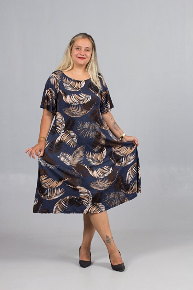 Plus Size Crew Neck Leaf Pattern Navy Blue Dress