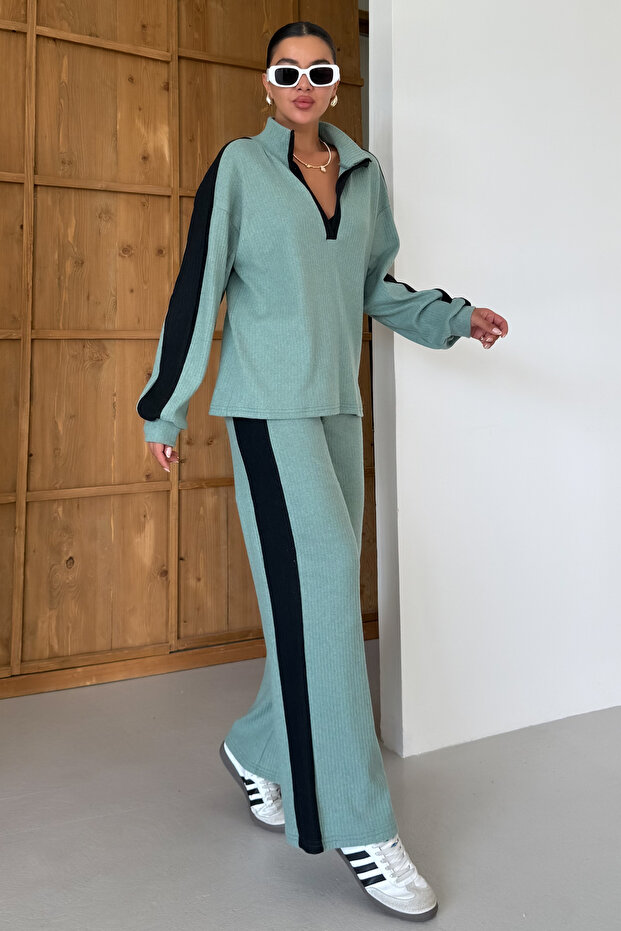 Women's Mint Green V Neck Black Line Detail Sweater Bottom-Top Pants Suit