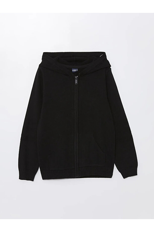 LCW KidsSiyah Kapüşonlu Basic Uzun Kollu Erkek Çocuk Triko Hırka - 1
