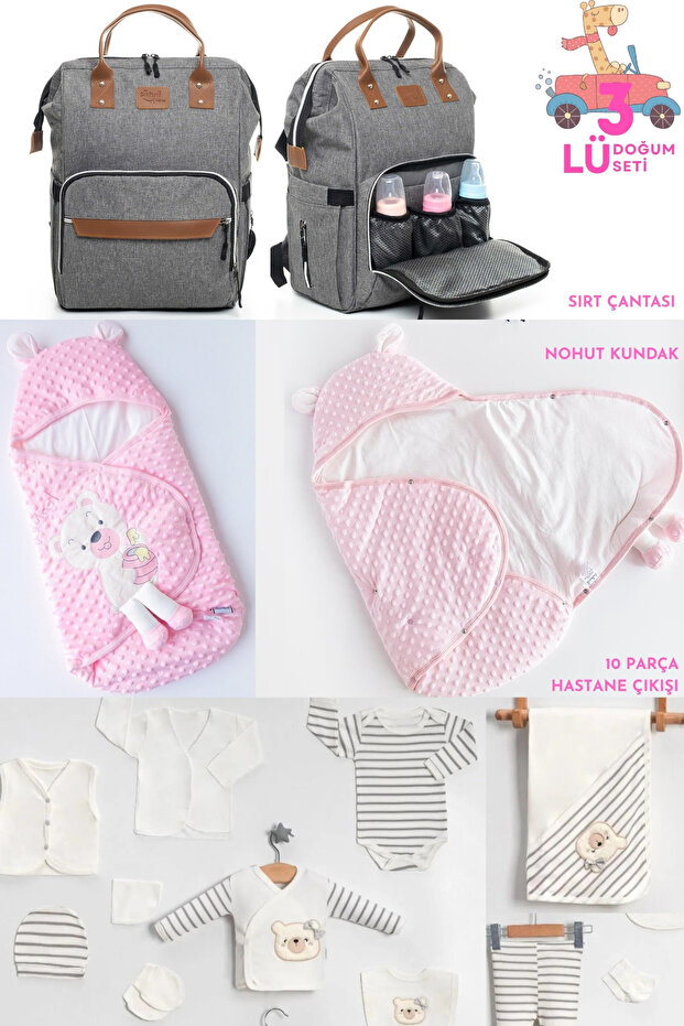 3-Piece Birth Set (Snap Fastener Chickpea Swaddle, Baby Care Backpack and 10 Piece Hospital Exit Set)
