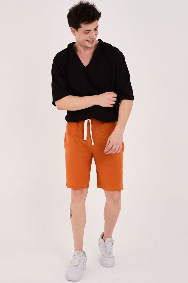 %100 Pamuk Relaxed Fit Yazlık Unisex Müslin Şort Turuncu - 8