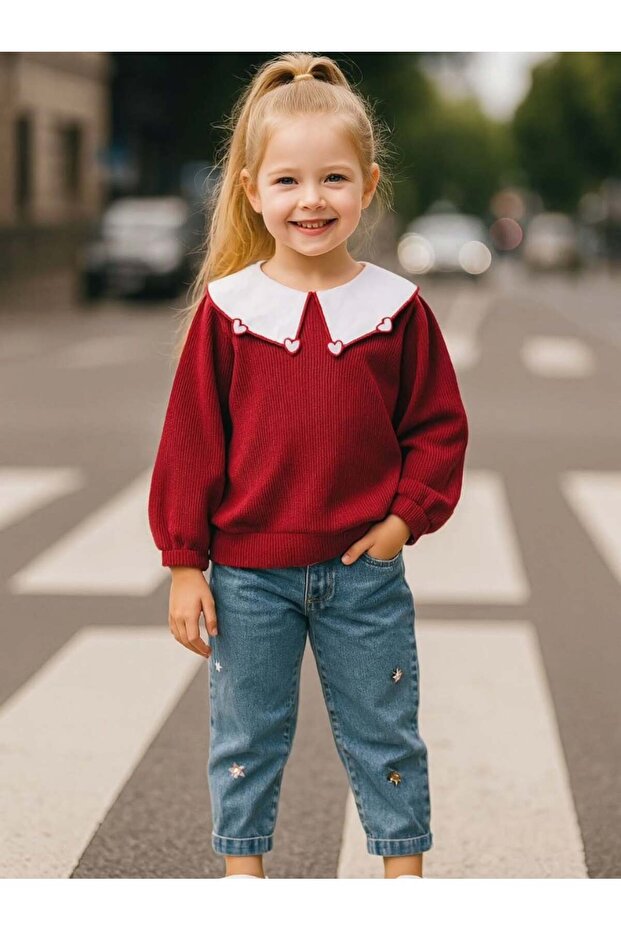 Girl's Heart Collar Floral Embroidered Jeans Suit