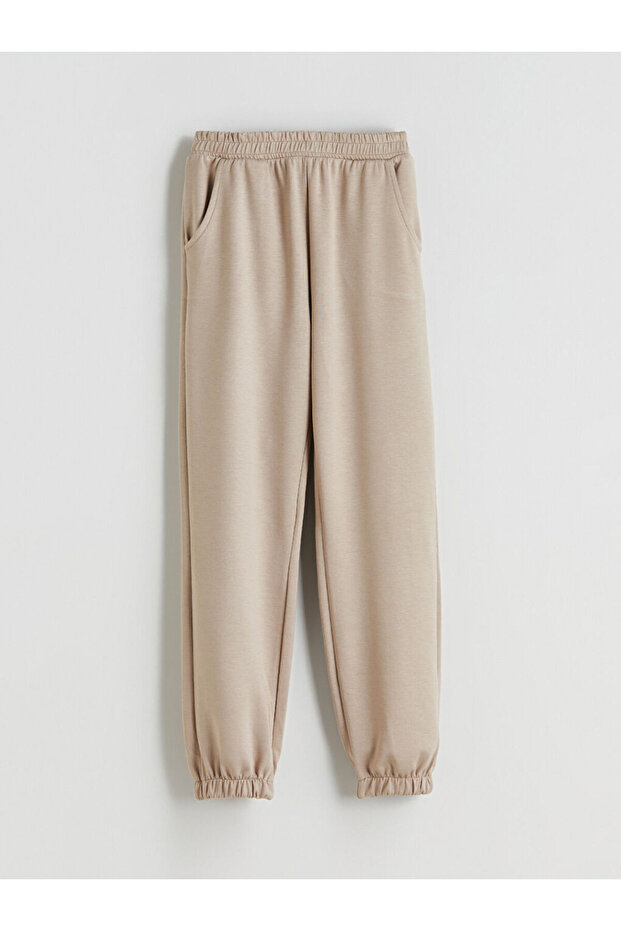 Bej Beli Lastikli Kız Çocuk Jogger Eşofman Altı - 1