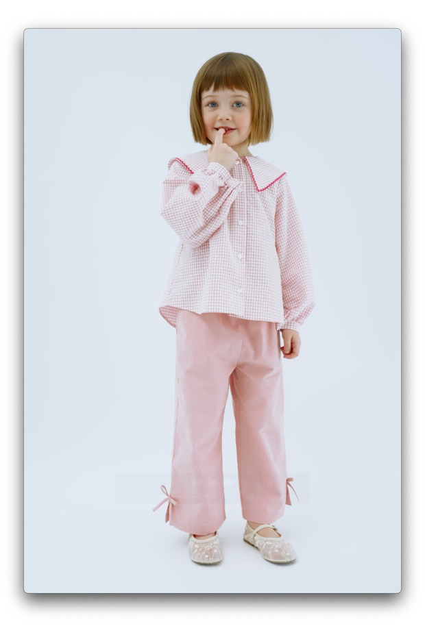 Girls' Cotton Pink Checkered Shirt Collar Blouse Bow Pants Bottom-Top Set