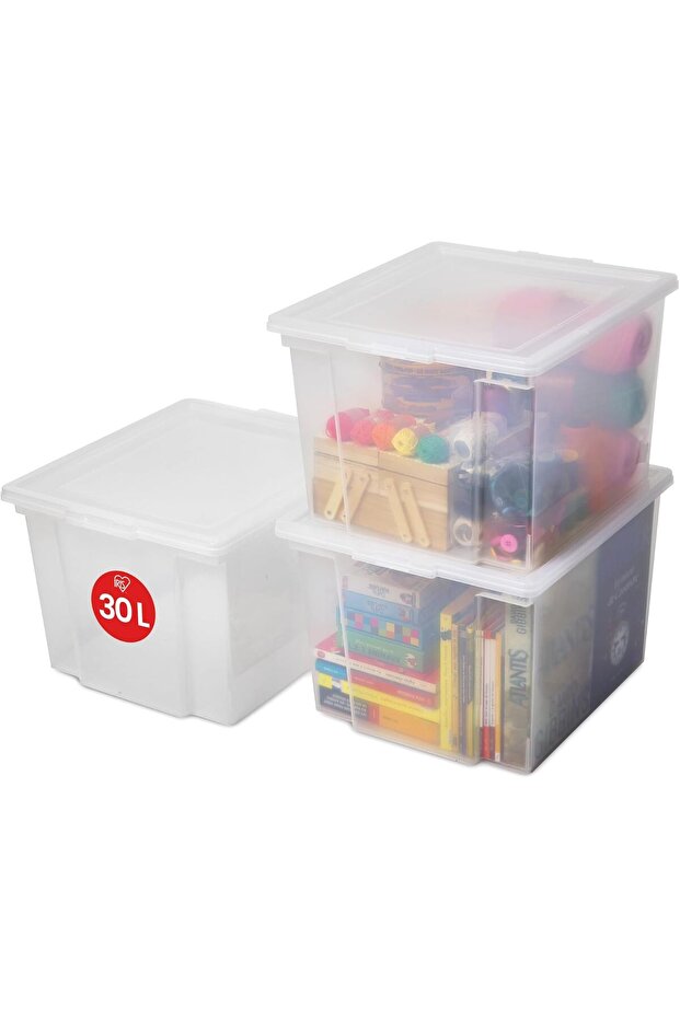Polysight Ohyama Versatile Storage Boxes, 30L, Set of 3, Transparent, Latch, Stackable, Clear P - 1