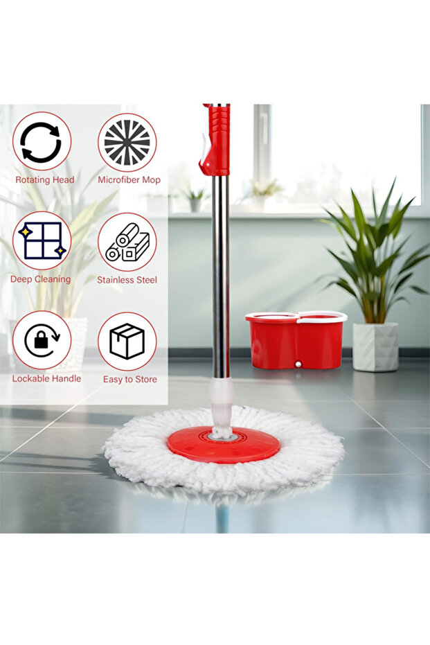 Spin mop and bucket set with 2 microfiber heads and 360 degree rotating handle for floor cleaning - 5