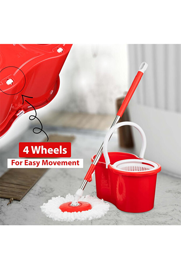 Spin mop and bucket set with 2 microfiber heads and 360 degree rotating handle for floor cleaning - 6