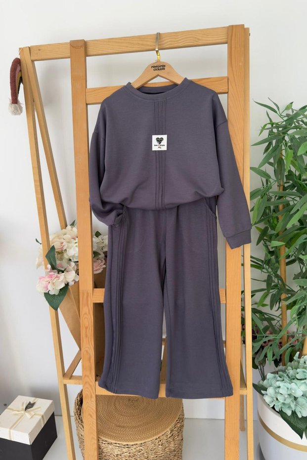 My Little One's Cicileri Oysho Heart Arma Detailed Girl's 2-Piece Set - Anthracite