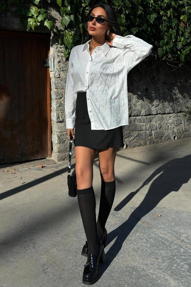 Ay Figürlü Taş İşlemeli Poplin Gömlek 3440 - 2