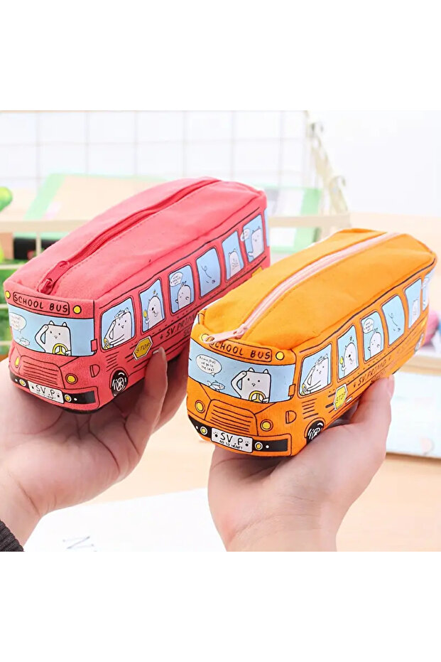 Red 1pc Creative Large Capacity Canvas School Bus Pencil Case Pencil Bag Stationery Pen Bag to Store