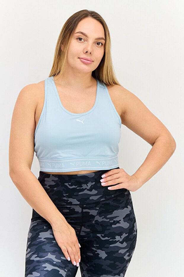 Women Padded Brand Logo Training Sport Bra, Light Blue