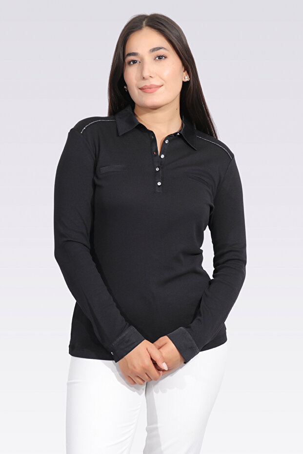 10664 Black Satin Decorated Stylish Knitted Bluz