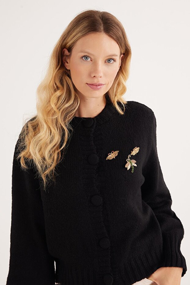 Women's Regular Fit Classic Cut Butterfly Embroidered Black Cardigan
