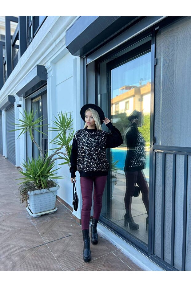 Havlu Örgülü Önü Pullu Triko Kazak - 6