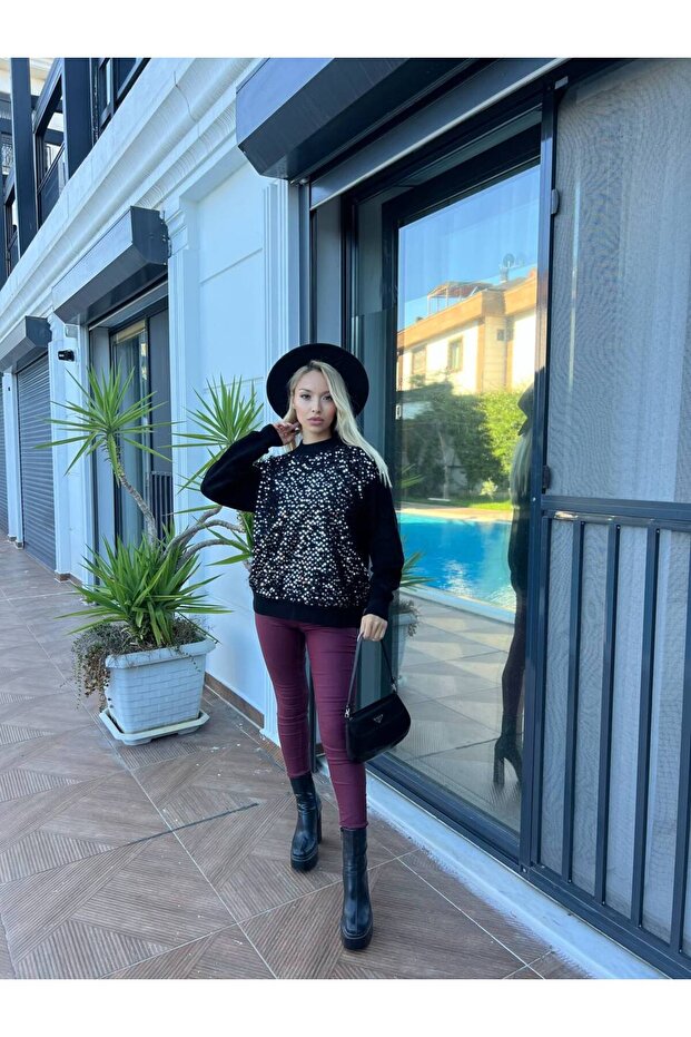 Havlu Örgülü Önü Pullu Triko Kazak - 7