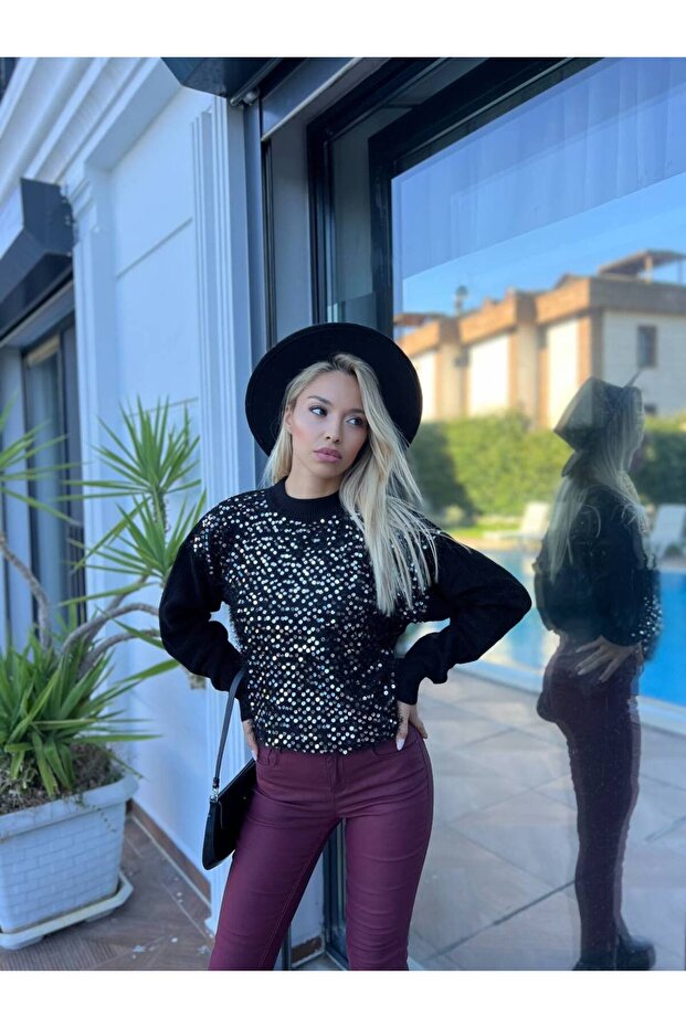 Havlu Örgülü Önü Pullu Triko Kazak - 5