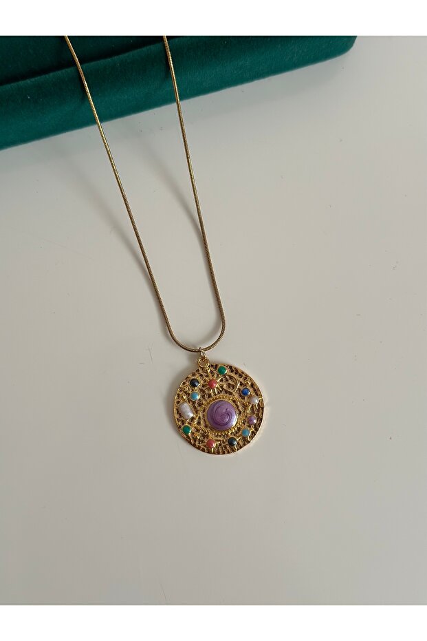 Mor Mineli Çelik Kolye - 2
