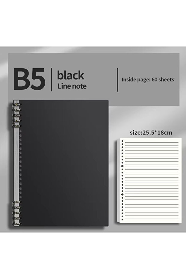 دفتر ملاحظات أسود B5، 60 ورقة قابلة لإعادة التعبئة، ملف حلزوني، فهرس ورقي، دفتر كتابة، ثابت