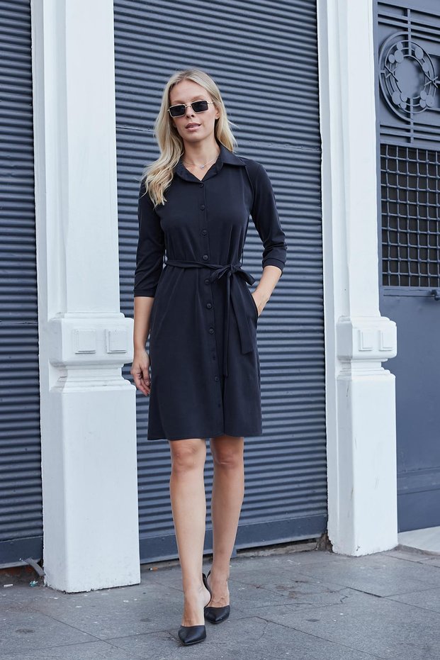 Women's Modal Silky Stretch Fabric Collar Capri Three Quarter Sleeve Pocket Belt Shirt Dress-Black