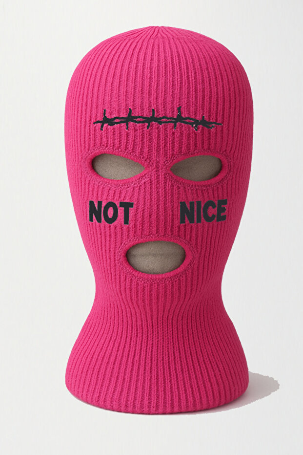 Barbed Wire Note Nice Embroidered Knitted Unisex Balaclava Fuchsia Pink