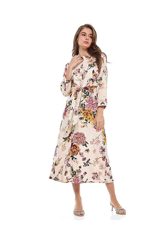 Floral Print Midi Shirt Dress with Belt