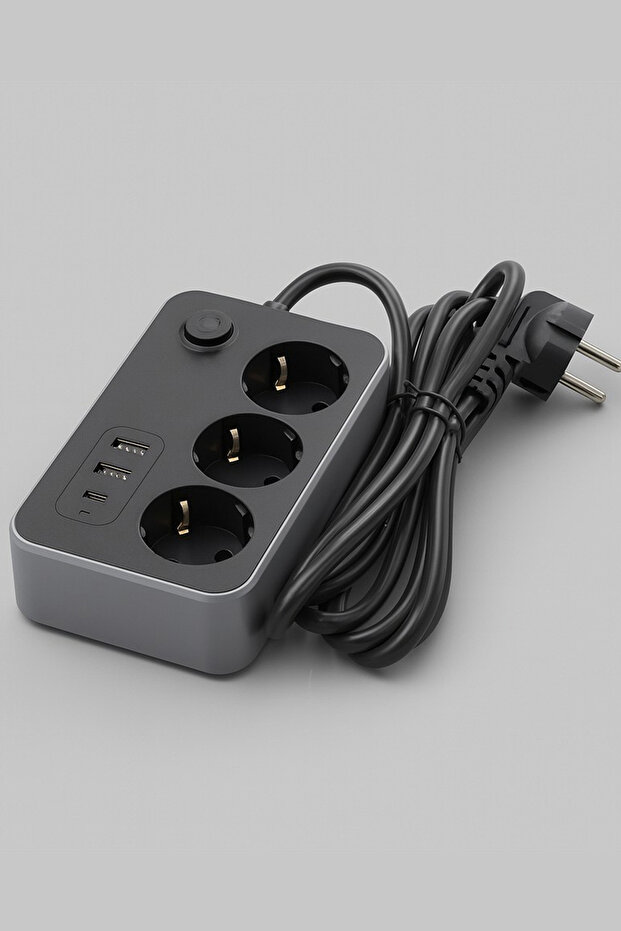 USB Type-C Priz Dönüştürücü Şarj Adaptörü Priz-2 USB-1 Type-C 2 M Kablo Girişli Çoklu Fiş 2500W - 5