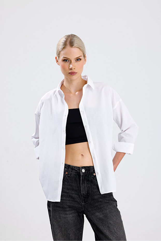 Kadın Beyaz Oversize Uzun Basic Gömlek - 1