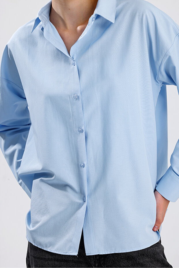 Kadın Mavi Oversize Uzun Basic Gömlek - 5