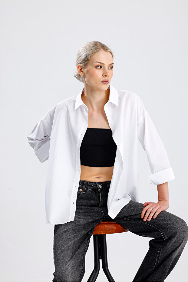 Kadın Beyaz Oversize Uzun Basic Gömlek - 3