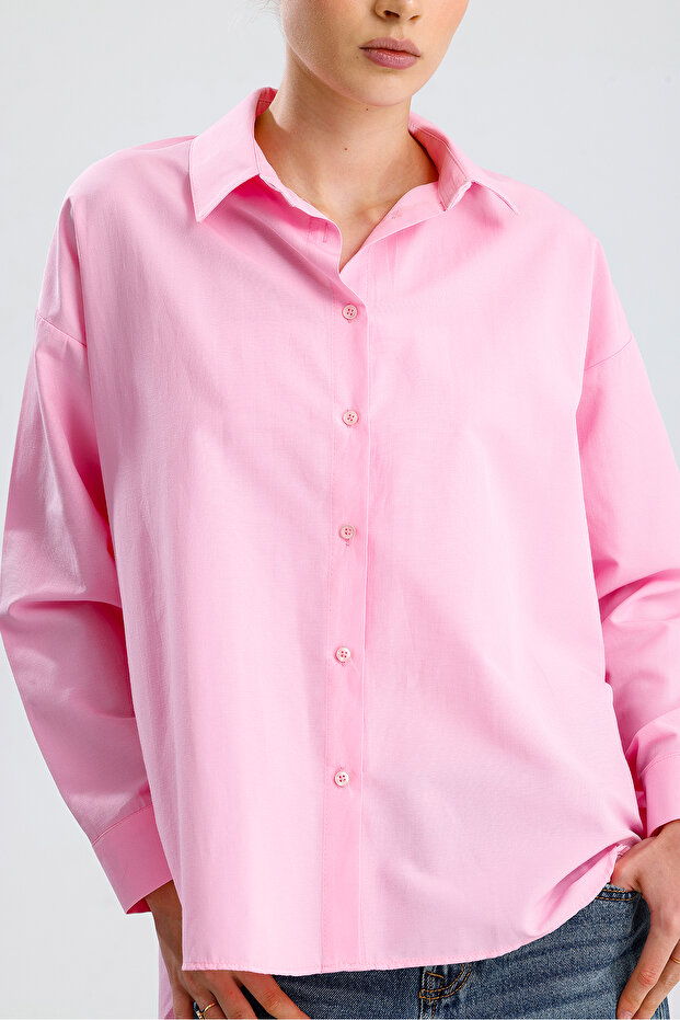 Kadın Pembe Oversize Uzun Basic Gömlek - 5
