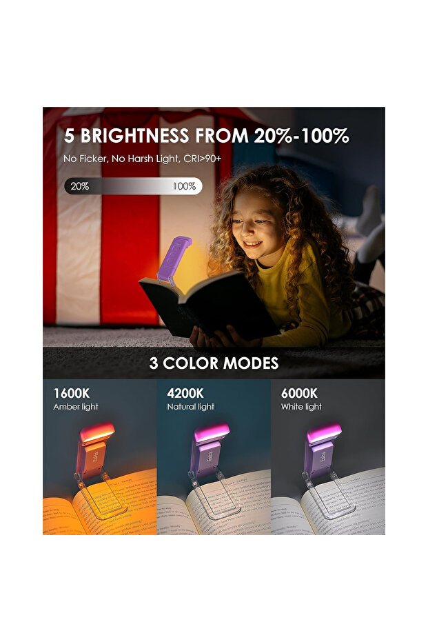 LED Reading Lamp with Book Attachment, 3 Color Modes, 5 Brightness Levels, USB Rechargeable - 3