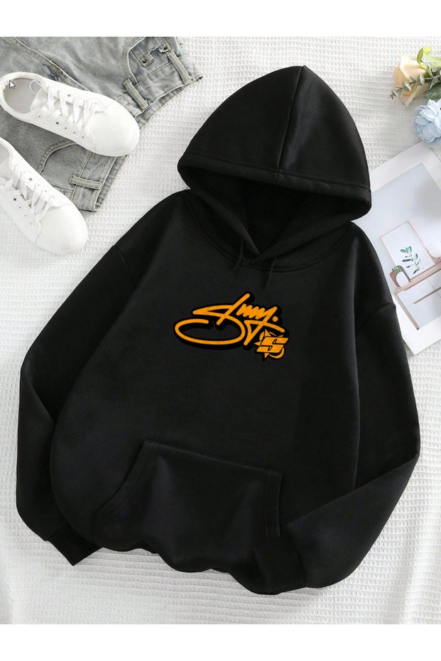 Signature S Printed Black&Gray Hooded Sweatshirt - Men&Women Printed Hoodie