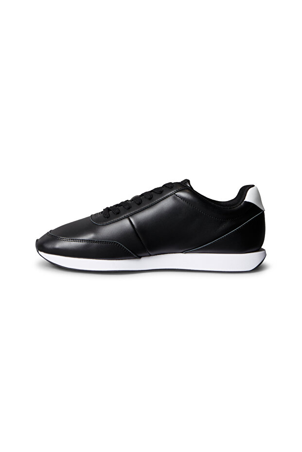 Calvin Klein Men Black/Bright White Leather Signature Logo Runner Trainers - 5