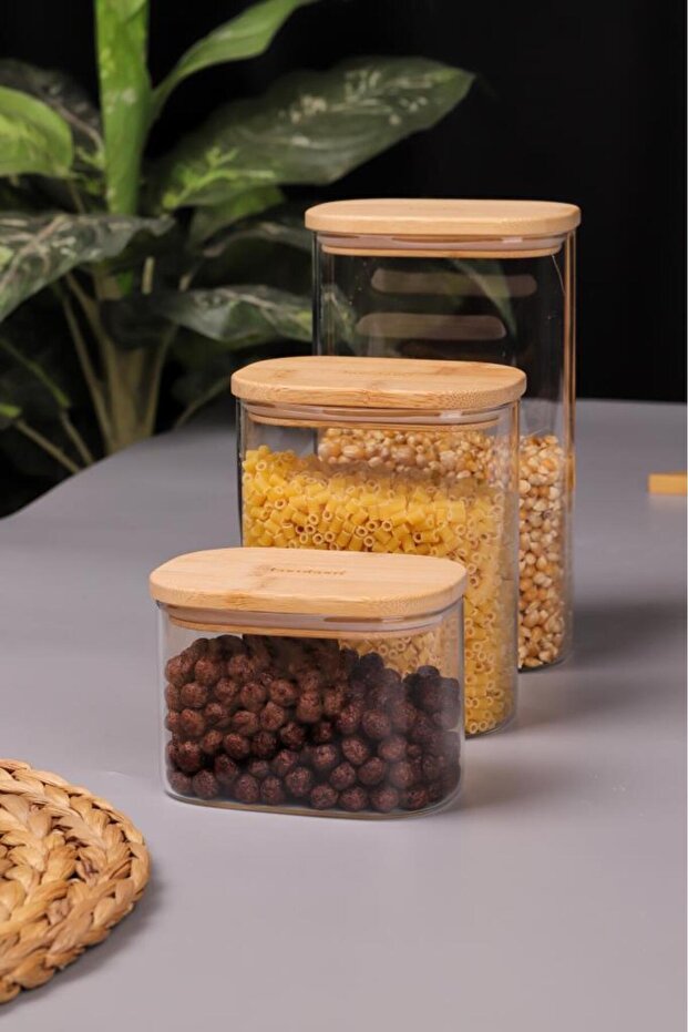 Multy - Bambu Kapaklı Cam Saklama Kabı 600ml + 1000ml + 1500ml - 7