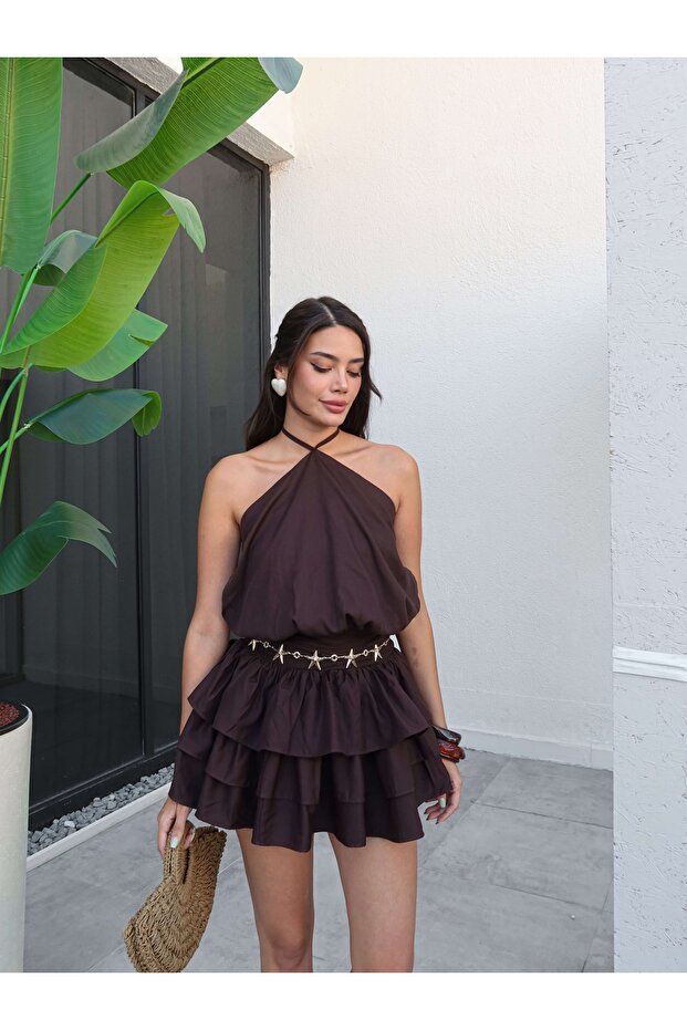 Bel Drape İp Bağlamalı Mini Elbise - 1