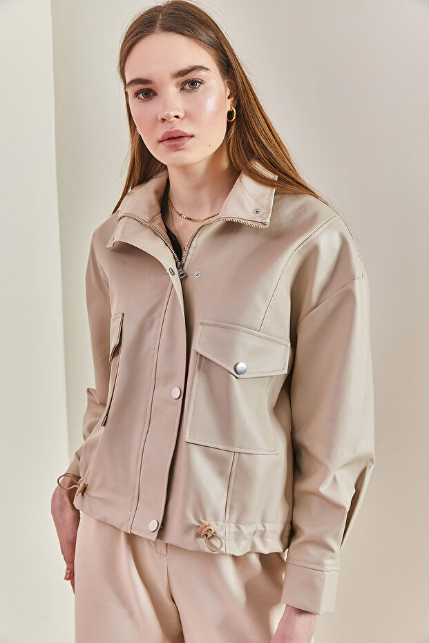 Kadın Lastikli Deri Ceket - 1