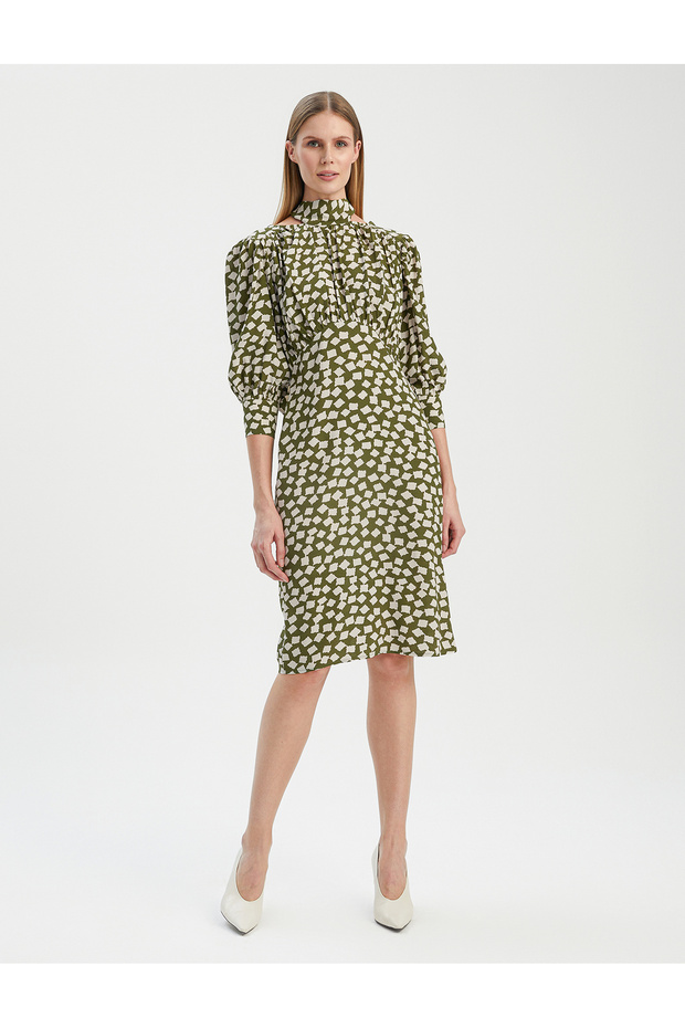 VISKON FULAR YAKA BASKILI ELBISE - 1