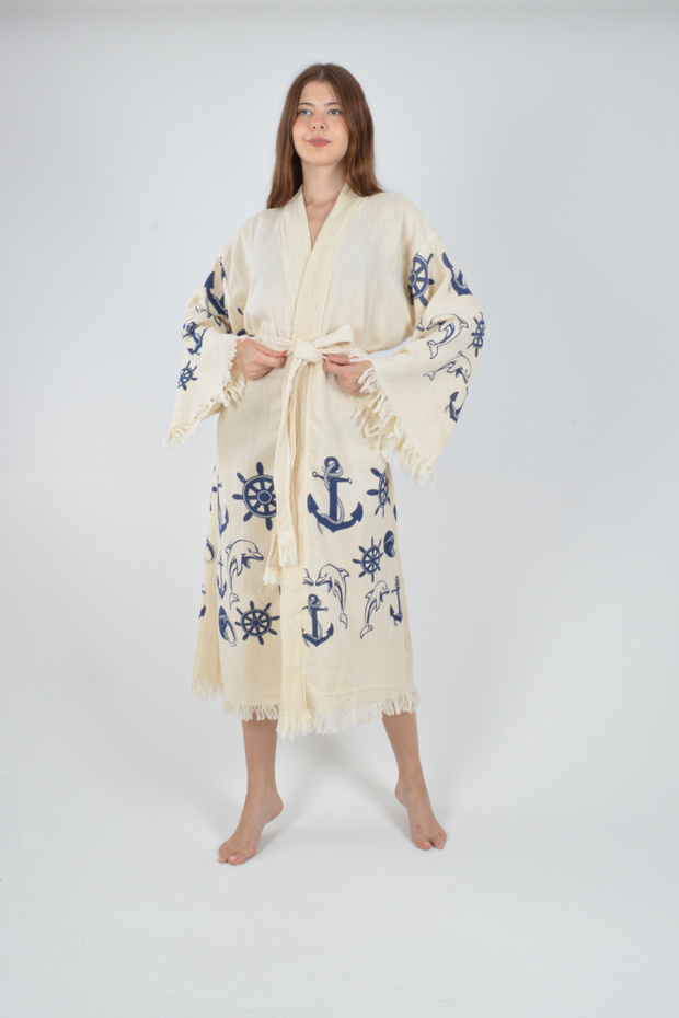 Kimono Kaftan Cotton Printed Belted 1 Piece Unisex Muslin Fabric Peshtemal Bathrobe