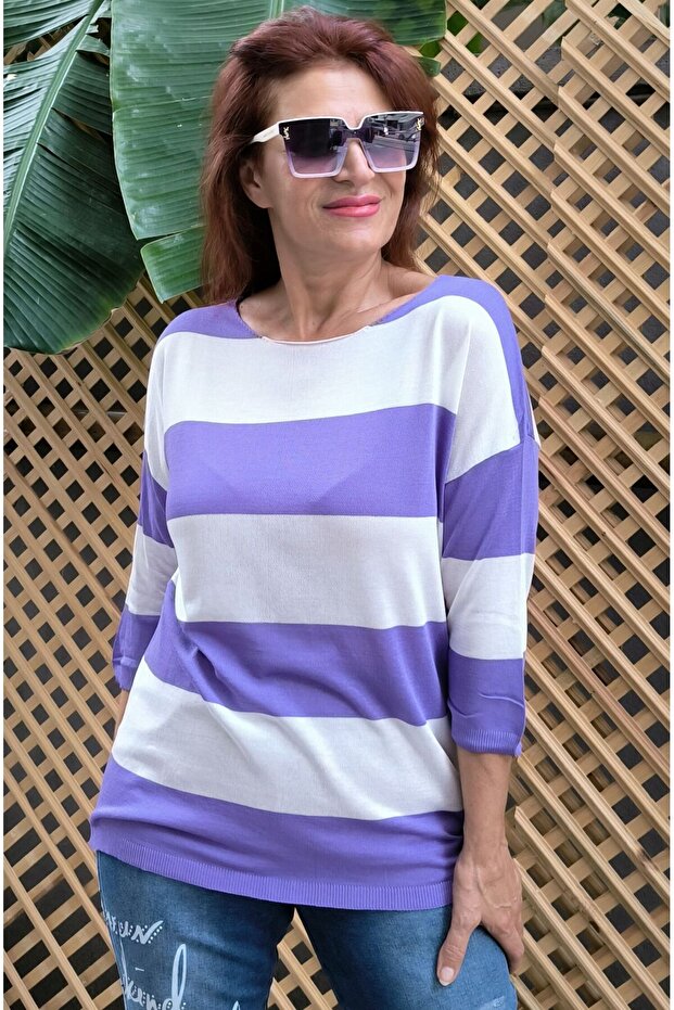 Viscose Striped Boat Neck Knitwear Lilac/White