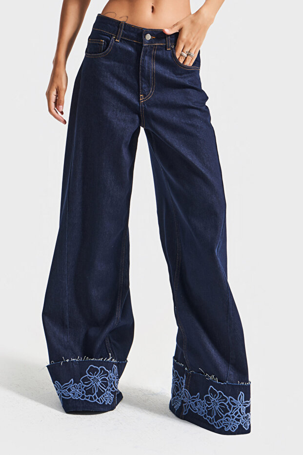 Women's Indigo Blue 7w5-50 Palazzo Fit Viscose Fabric Floral Embroidered Special Design Denim Jeans