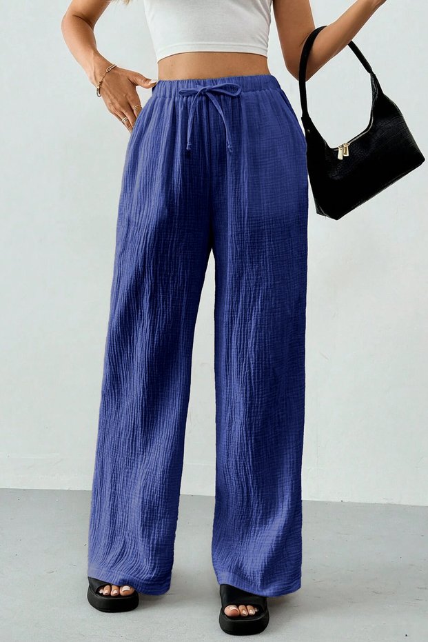 Ghassy Co. Women's 100% Cotton Muslin Ultra Light Palazzo Model Wide Leg Linen Blend Trousers