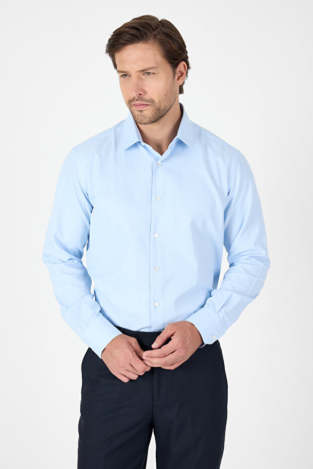 Blue Long Sleeve Hard Collar Pocketless Comfort Fit Cotton Shirt 1004250914