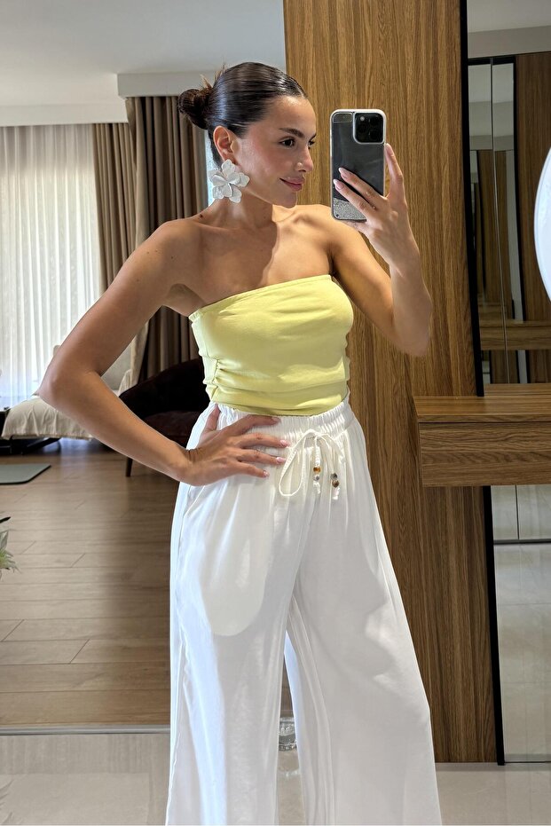 Frieda Sarı Straplez Drapeli Crop - 1