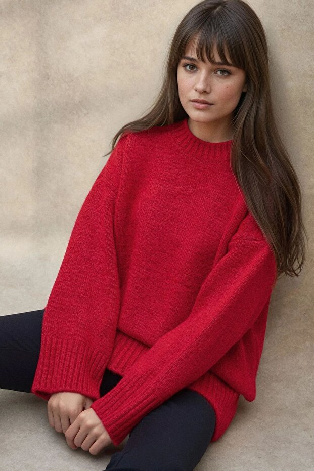 Kalın Örgü Düz Yaka Kazak - 1