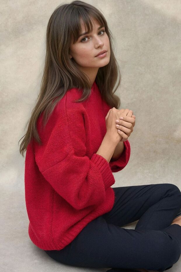 Kalın Örgü Düz Yaka Kazak - 3