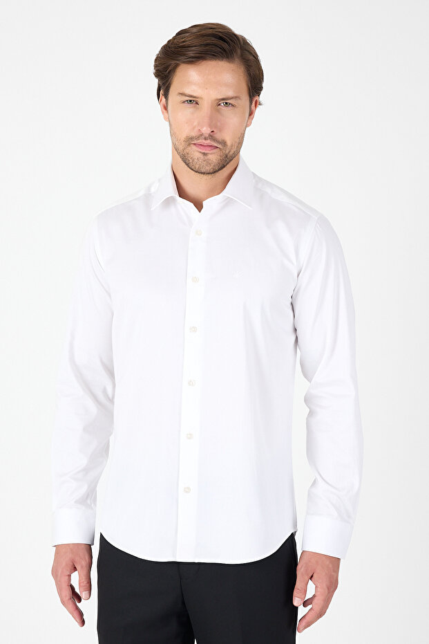 Men's White Long Sleeve Hard Collar Slim Fit 100% Cotton Shirt 1004250266