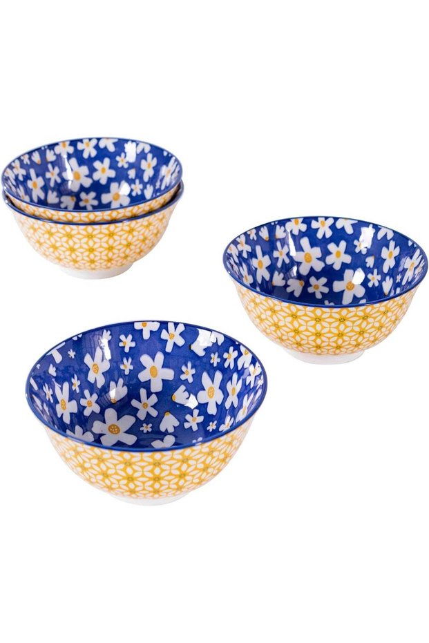 GOLD MANTIS Ceramic Bowls Set of 4, 6.25 Inch, Yellow and Blue Geometric Pattern